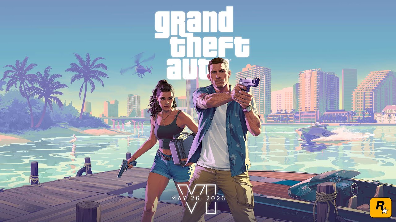 Grand Theft Auto VI official cover art featuring Jason Duval, Lucia Caminos, and Vice City